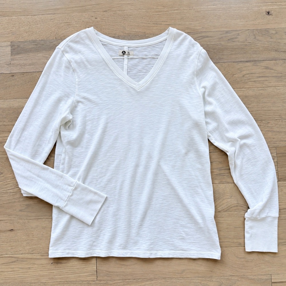 American Giant V-Neck T-Shirt Womens XL White Slub Knit Long Sleeve Cotton